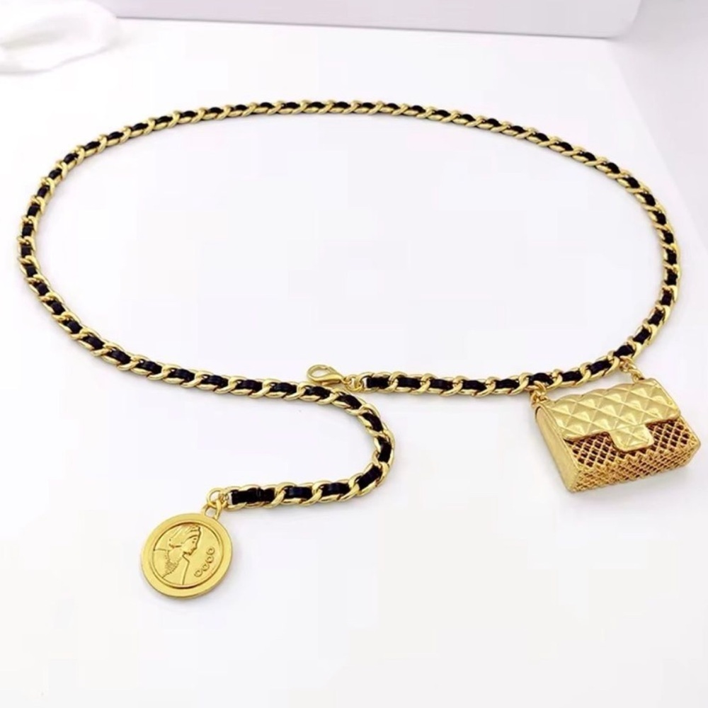 Anthro Black Gold Chain Belt With Designer Mini Charm Bag